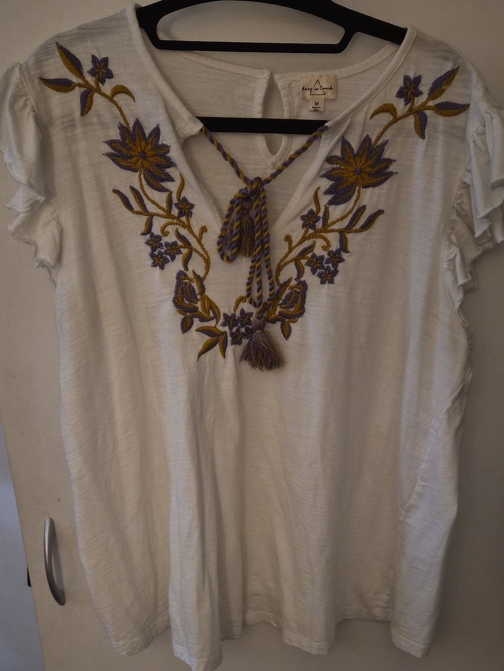 Embroidered V-Neck Women’s Top with Tassel Tie - White